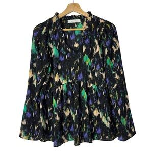 Promod Black & Blue Watercolor Printed Peplum Hem Long Sleeve Top M